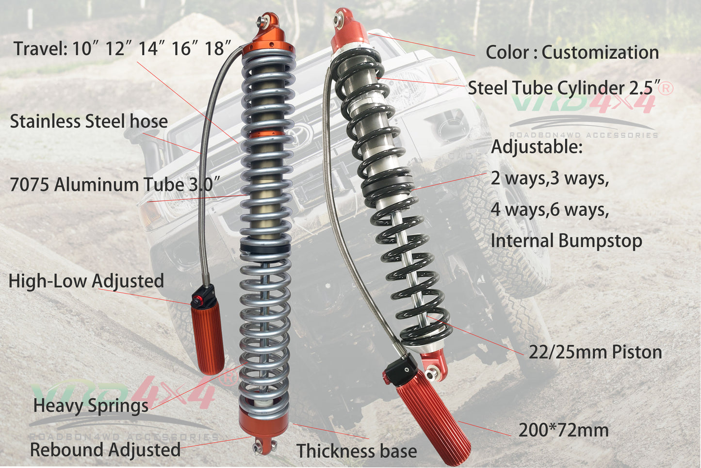 3 Ways Adjusted 7075 aluminum made 3.0 Coilover Shock Absorber 16" Travel